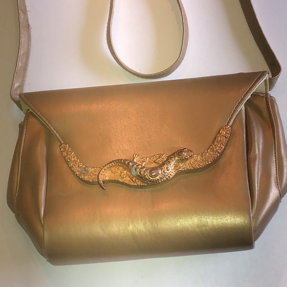 Cooper J Vintage Gold Tone Faux Leather Shoulder Bag with Lizard Accent